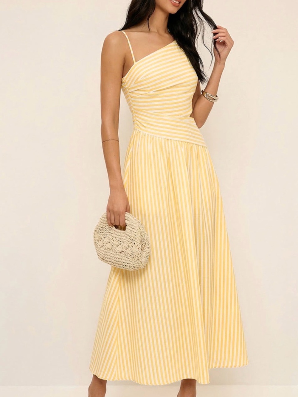 Commense Yellow Striped Cutout Asymmetric Cami Maxi Dress